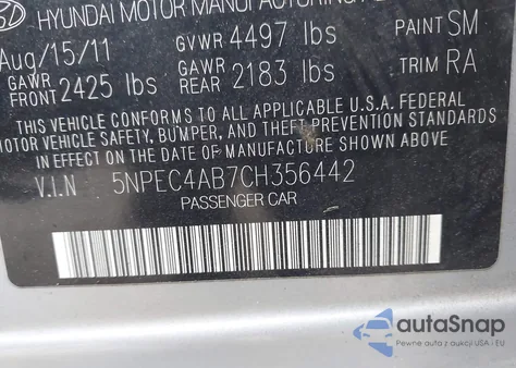 2012 Hyundai Sonata Se 2.0T z USA, uszkodzony, nr VIN 5NPEC4AB7CH356442